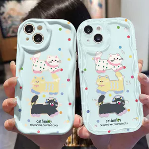 Ốp lưng tương thích cho iPhone 17 Air 16 15 14 13 12 11 Pro X XR XS Max SE 2020 6 7 8 Plus Kem gợn sóng cong cạnh Motif Mèo dễ thương NYK320