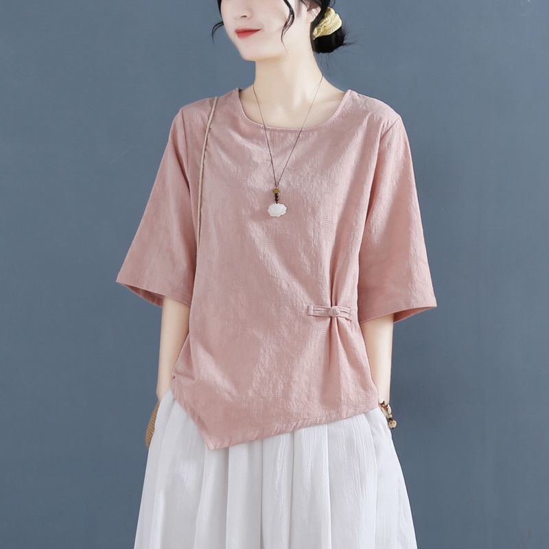 Áo thun nữ tay ngắn mùa hè phong cách mới khóa nghệ thuật retro dáng rộng giảm béo cho nữ