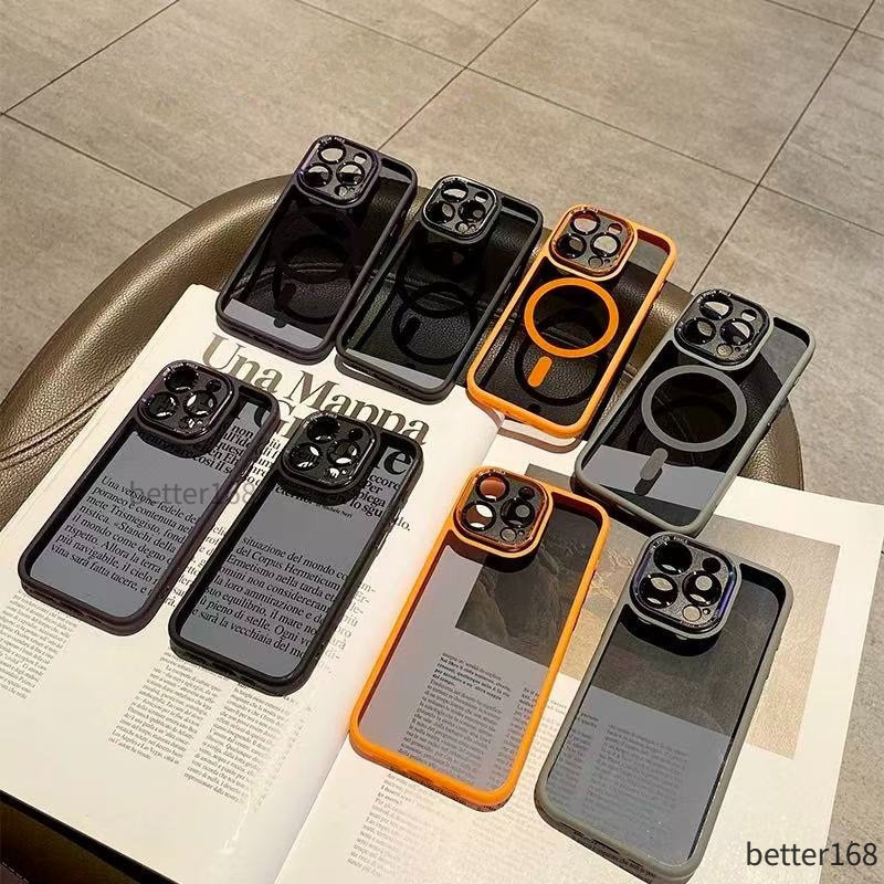 Ốp lưng từ tính viền cam nửa trong suốt cho iPhone 13 14 15 16 17ProMax bảo vệ camera hỗ trợ sạc không dây chống va đập