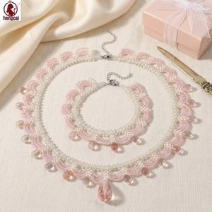 Bộ vòng cổ ren hạt ngọc trai màu hồng Bộ vòng tay hợp kim có thể điều chỉnh cho nữ Quà tặng đám cưới