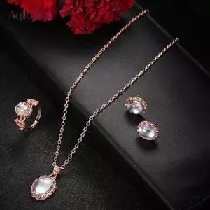AqToCna Thanh Lịch Aurora Hình Bầu Dục Zircon Nelace Bông Tai Bộ Trang Sức Dành Cho Nữ Lãng Mạn Mạ Vàng Giả Opal Cưới Phụ Kiện Quà Tặng AqToCna