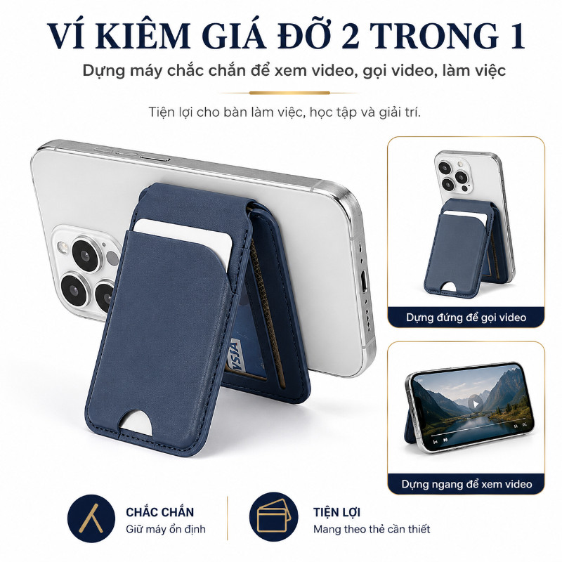 Ví Đựng Thẻ MagSafe - Gấp Làm Giá Đỡ Điện Thoại, Cho IPhone 15 & 16, 3 Mặt Giữ 6 Thẻ, Phụ Kiện