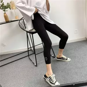 Kem chống nắng chỉ mịn Mặt cười thêu mặc ngoài co giãn Quần Skinny dành cho học sinh Tám legging