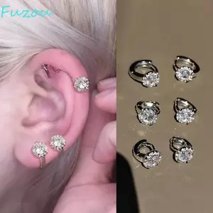Bông tai vòng FUJIZOU Zircon, Bông tai Zirconia tổng hợp có thể điều chỉnh màu bạc, Hợp kim tinh tế Ánh sáng sang trọng xuyên thấu tròn sáng bóng Khóa tai tiệc