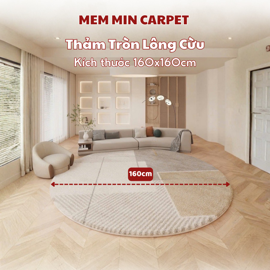 Thảm Trải Sàn Lông Cừu Kích Thước 160x160cm MemMinCarpet Thiết Kế Hiện Đại, Sang Trọng, Êm Mềm Không Rụng Lông- TH130
