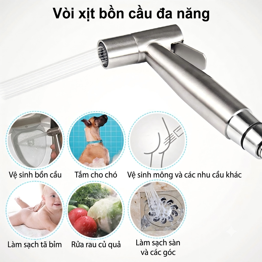 Vòi xịt vệ sinh Tăng Áp  vòi xịt toilet inox 304 kèm dây dẫn và đế cài Bảo Hành 2 Năm