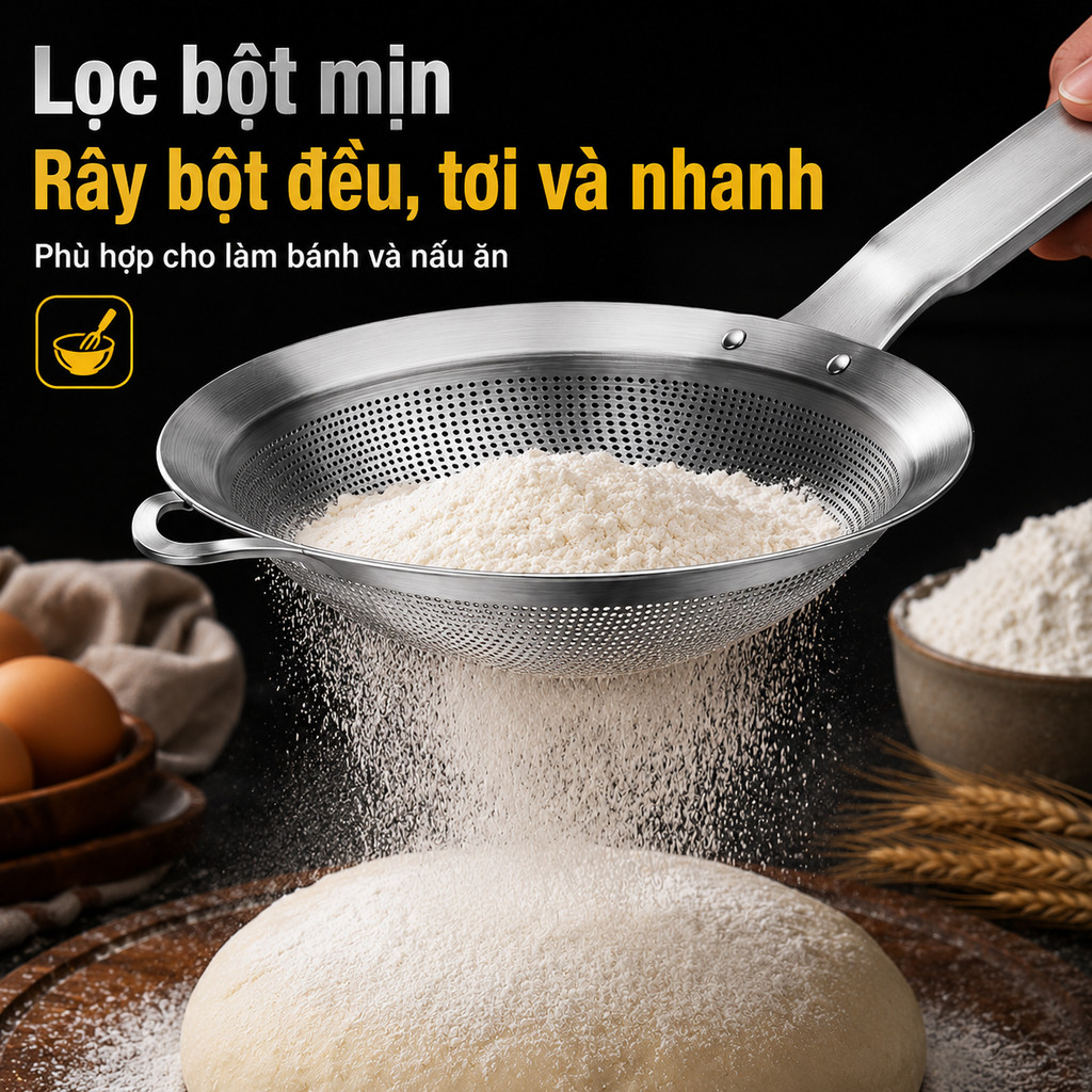 Rây Lọc Inox 304 Đa Năng - Lưới Lọc Cháo, Lọc Cua, Vớt Bọt Lẩu, Tách Dầu Mỡ, Muôi Thủng, Dễ Vệ Sinh