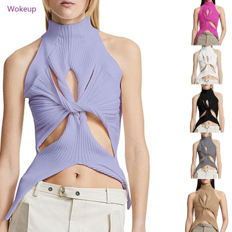 Áo dệt kim nữ Woke Slim-Fit Áo mùa hè thoáng khí Twist-Knot Cami Áo