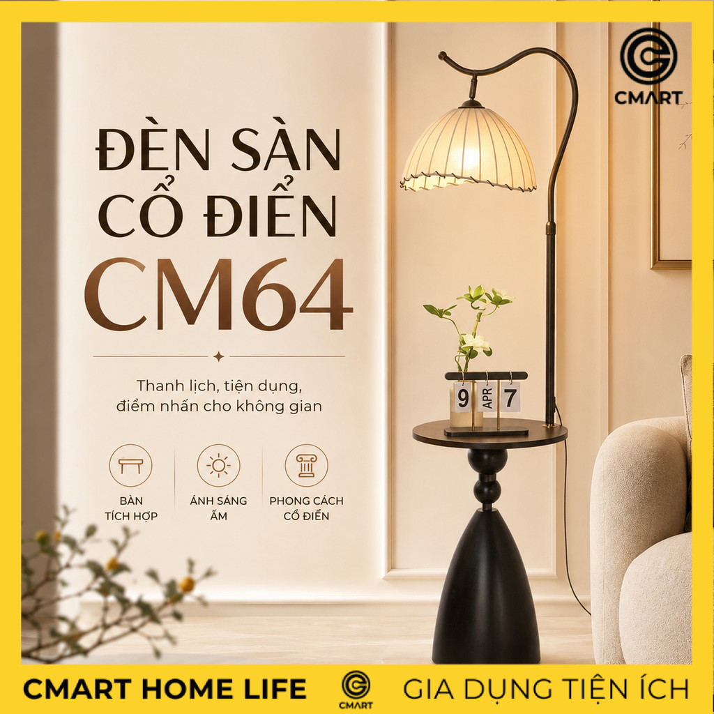 𝐂𝐌𝐀𝐑𝐓.𝐆𝐢𝐚 𝐝𝐮̣𝐧𝐠 Đèn Cây Đứng Đèn Sàn Kết Hợp Bàn Ba Ngăn Phong Cách Cổ Điển Chân Tam Giác CM64