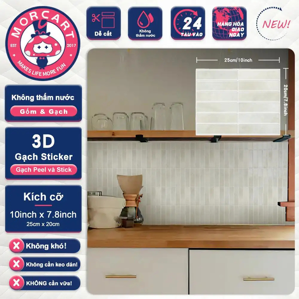 MORCART Miếng dán tường 25 x 20 cm, họa tiết ô dài, decal trang trí tường, phù hợp cho nhà bếp, phòng tắm và tường gạch men, chống nước chống dầu, 1 tấm