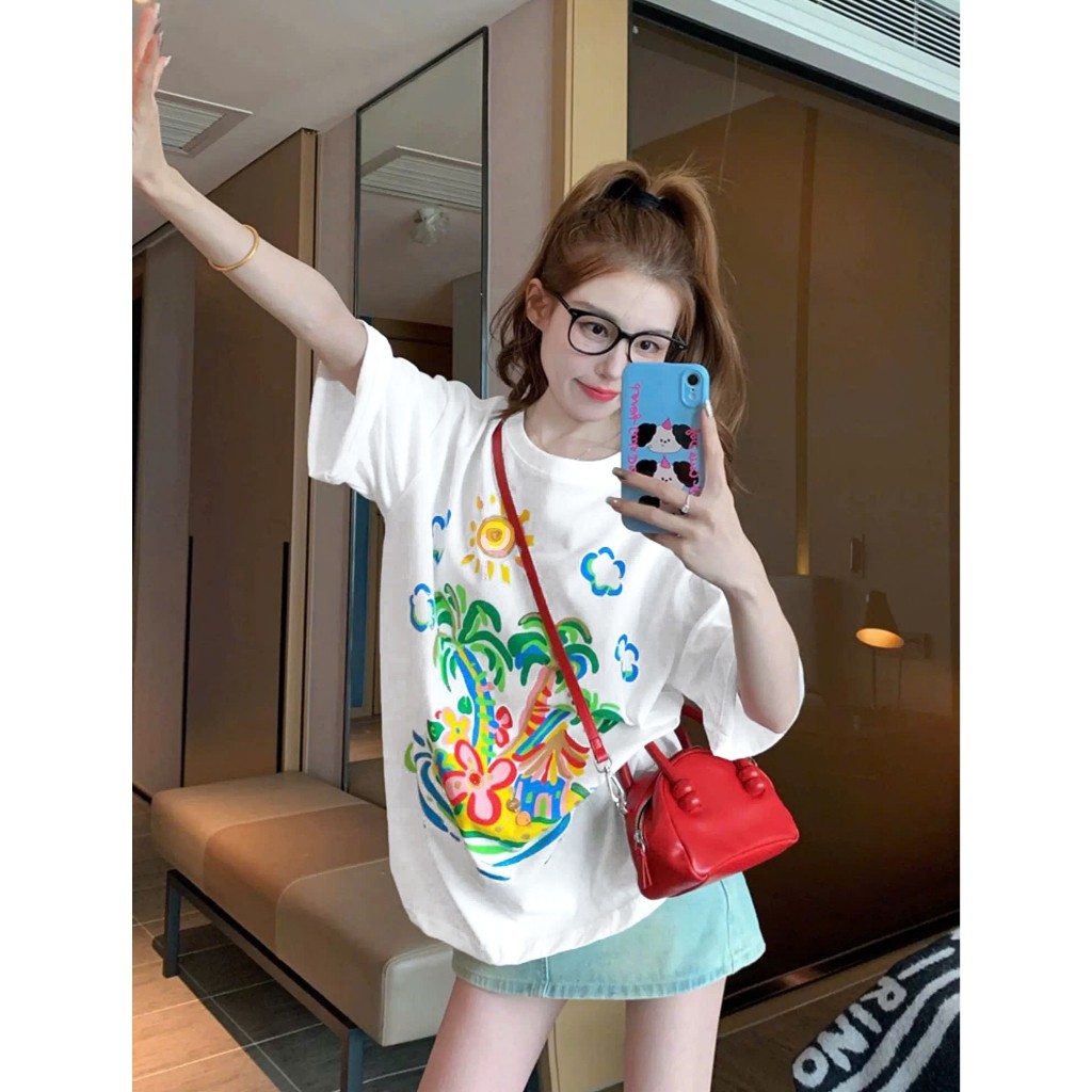 （Giao hàng 24h）Angela Áo Thun Cây Dừa Local Brand Chất 100% Cotton Mềm Mịn Thoáng Mát.