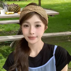 AqToCna Bãi Biển Ống Hút Dệt Chữ Thập Thắt Nút Nữ Handmade Dệt Tóc Bohemian Rộng Viền Tóc Vòng Phụ Kiện Tóc AqToCna