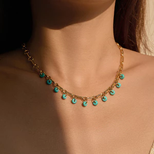 Vòng cổ dây chuyền Chunky đính ngọc lam và hạt đen – Trang sức Boho mạ vàng
