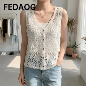 Áo Vest móc FEDAOG, Áo len cardigan rỗng họa tiết Boho, Thiết kế nhiều lớp đa năng Áo len cardigan không tay dáng rộng vừa vặn cho nữ