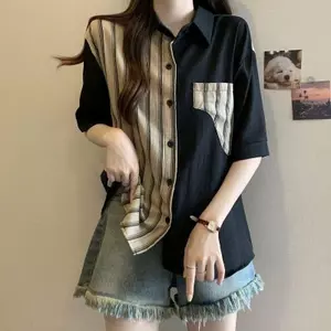 Kích thước lớn 1-150kg Fat mm dáng rộng mỏng hơn Vỏ bọc bụng Áo sơ mi Cardigan giảm tuổi tương phản màu khâu áo sơ mi ngắn tay hàng đầu
