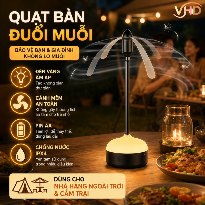 Quạt Bàn Đuổi Muỗi – Đèn Vàng, Cánh Mềm, Pin AA, IPX4 Dùng Nhà Hàng Ngoài Trời & Cắm Trại