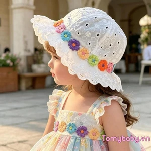 Mũ ngư dân cho bé gái Mũ ren đáng yêu Trang trí hoa Mũ xô chống nắng