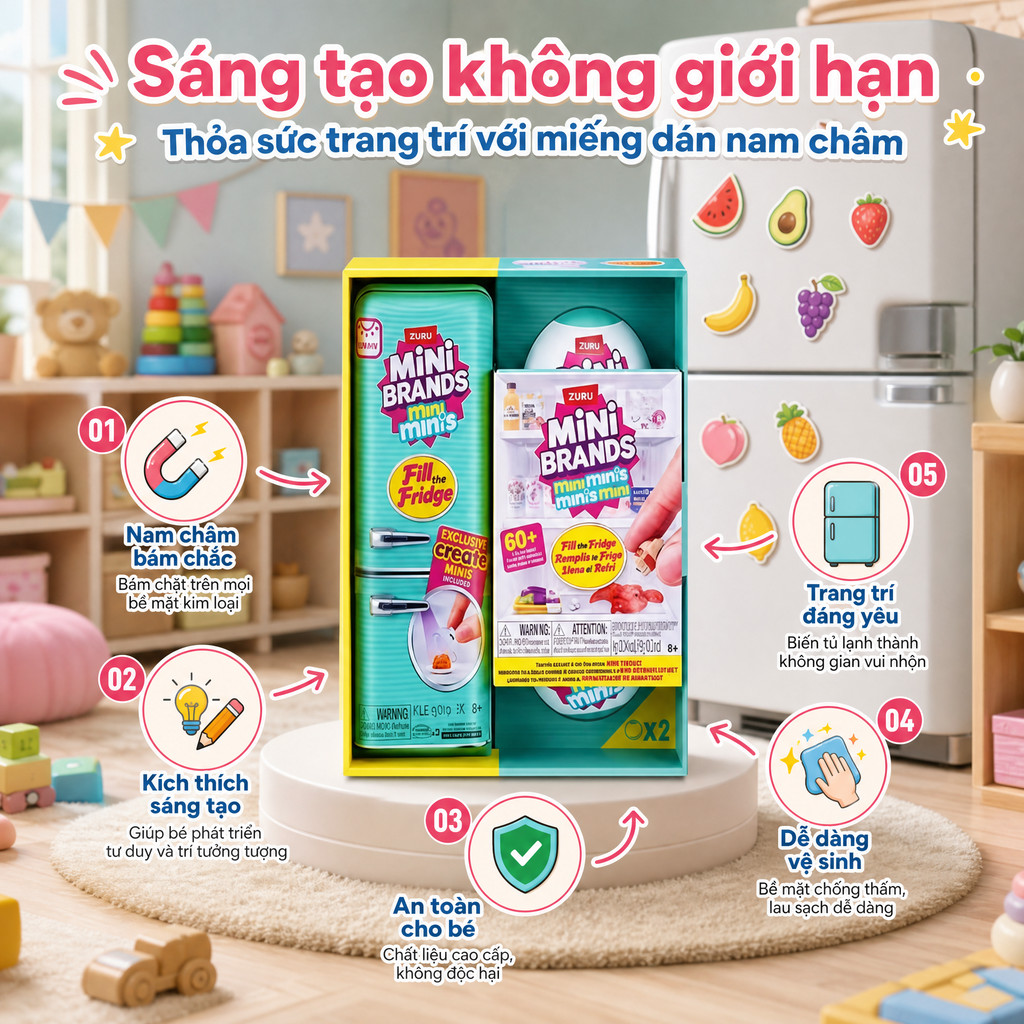 ZURU Mini Tủ Lạnh Đồ Chơi, mô phỏng thực phẩm đa dạng, đồ chơi chơi nhà cho bé, rèn luyện tư duy sáng tạo trẻ nhỏ