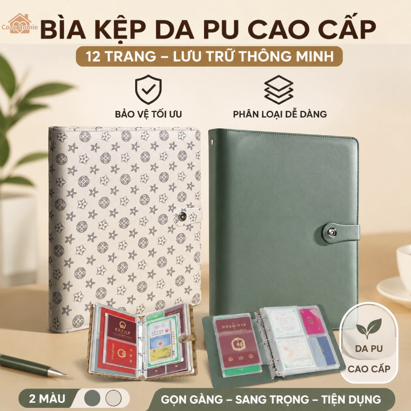 Bìa đựng tài liệu bằng da PU chất lượng cao, khóa đôi bằng khóa bấm và khóa kéo, dung lượng cực lớn, khổ A4.