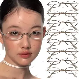 Kính mắt trang trí PYCOU, Kính kim loại hình bầu dục nhỏ, Kính mắt đọc sách Y2K phong cách Punk dành cho nữ Cô gái