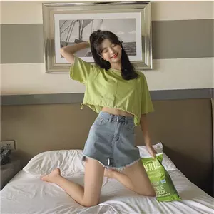 Áo thun ngắn Hàn Quốc mùa hè Phong cách mới cạp cao crop rốn dáng rộng dành cho nữ