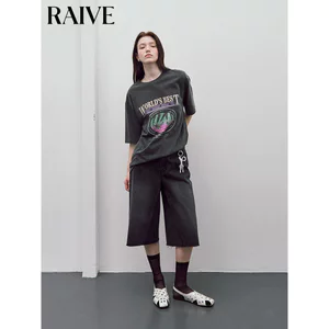 RAIVE Mùa Hè Nữ Cổ Tròn Tay Ngắn In Hình Retro Xám Áo Thun Thời Trang 0602
