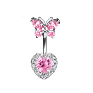 1PC 14G Hồng Kim Cương Bướm & Trái Tim Thép Không Gỉ 10 Mm Rốn Nhẫn Nữ