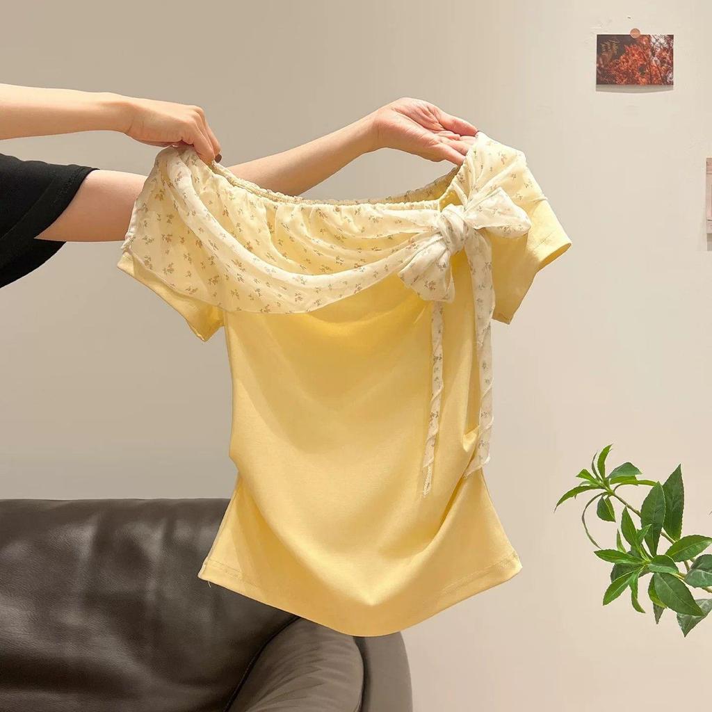 [Thời gian có hạn Seckill] Áo thun ngắn tay thêu ren hoa màu vàng dành cho nữ 2026 Xuân hè Phong cách mới Slim-fit S