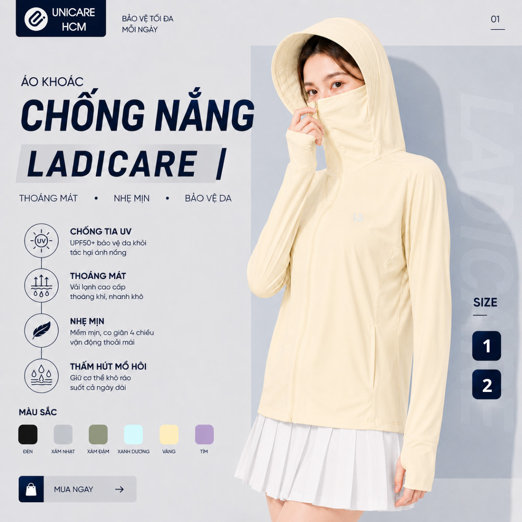 Áo Khoác Chống Nắng UV Cool LADICARE UPF50+, Chống Tia UV, Che Kín Mặt, Vải Lạnh Mát, Nam Nữ Đều Mặc Được