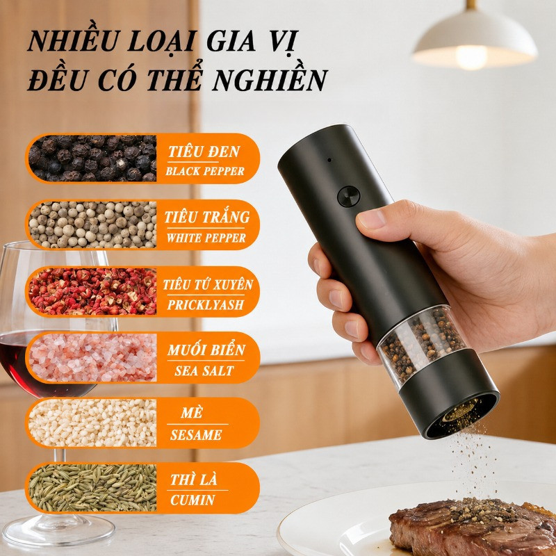 Máy Xay Tiêu điện, Sạc Type-C, Lõi Xay Bằng Gốm, điều Chỉnh độ Mịn, Xay Tiêu Muối Tự động