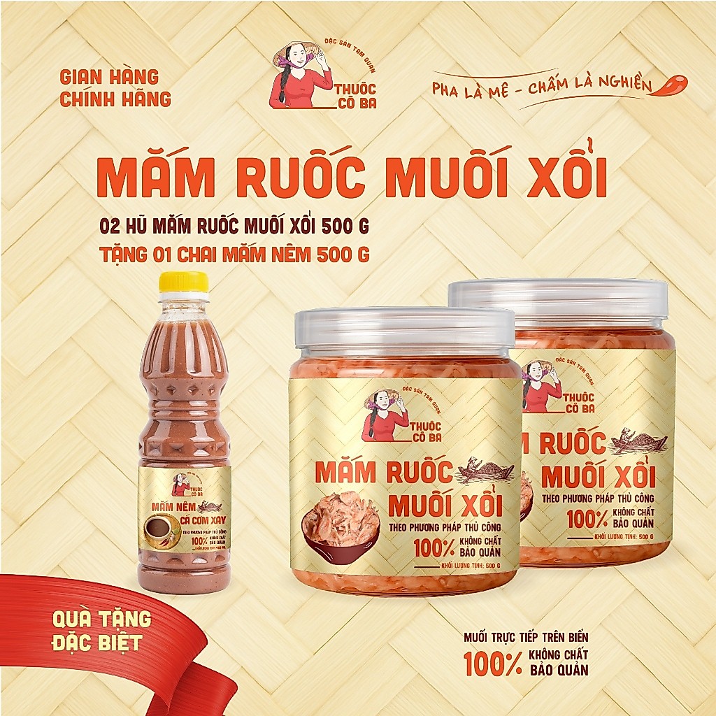 Combo 2 Hũ Mắm Ruốc Muối Xổi Thuộc Cô Ba 500g, Kèm Quà Tặng 1 Chai Mắm Nêm Cá Cơm Xay 450ml