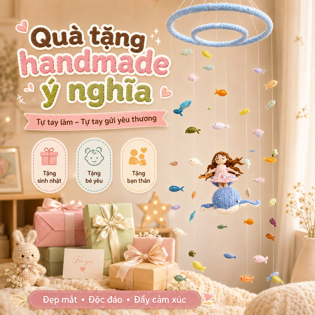 Bộ DIY Chuông Gió Cá Voi Len Bông – Treo Trang Trí Cửa Sổ, Quà Tặng Handmade, Kèm Video Hướng Dẫn