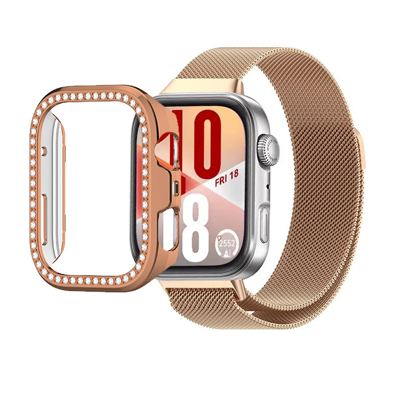 Dây đeo kim loại + vỏ kim cương cho đồng hồ Huawei Fit 5 Pro / 4 Pro / 5 / 4 / 3 phụ kiện khung cản bảo vệ PC rỗng
