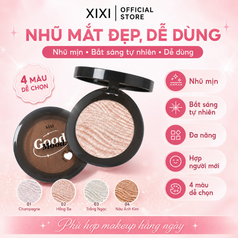 XIXI Phấn Mắt Nhũ Đơn Baked Eyeshadow, Nhũ Mịn Bắt Sáng Lấp Lánh, Lên Màu Chuẩn Lâu Trôi D570