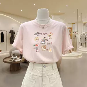 Áo thun ngắn tay màu hồng Bông tuyết nữ mùa hè Giảm tuổi Phong cách mỏng Phong cách mới In cổ tròn dáng rộng phong cách Hàn Quốc trong suốt hơi