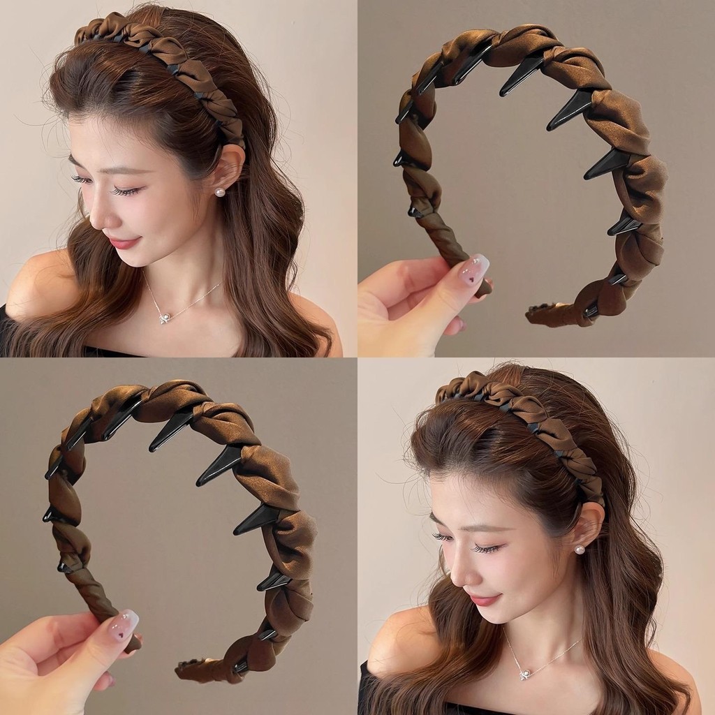 Băng đô lụa satin cao cấp mùa hè có răng nâng trán dùng rửa mặt nữ
