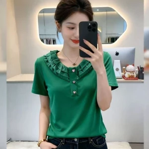 Áo thun mùa hè mới thời trang giản dị rách cạnh giảm béo cổ chữ V tay ngắn đi lại hàng đầu dành cho nữ