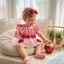 Áo liền quần cổ vuông kẻ sọc mùa hè cho bé gái có viền vải tuyn + băng đô nơ