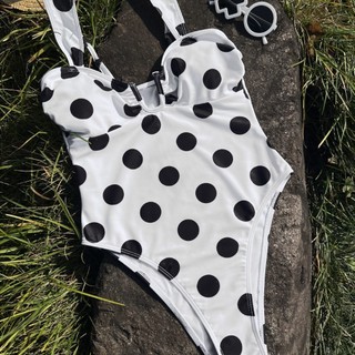 Đồ bơi nữ màu trắng chấm đen cổ chữ U Bộ đồ tắm Bikini cắt cao một mảnh