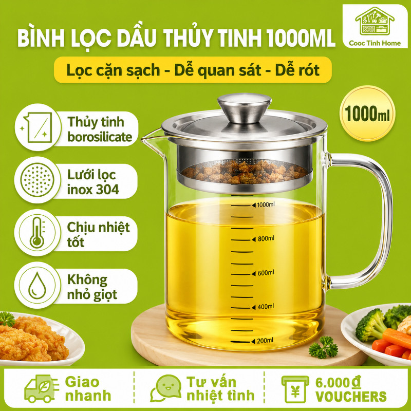 Ca Lọc Dầu Ăn - Thuỷ Tinh Borosilicate Chịu Nhiệt, Lưới Lọc Inox 304, Dung Tích Lớn, Tái Sử Dụng Dầu Sạch & An Toàn