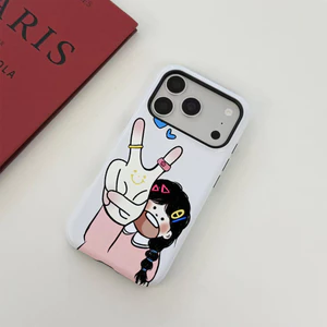 Ốp điện thoại iPhone bé gái ký hiệu hòa bình dễ thương, Kawaii Smiley Hand Thích hợp cho iPhone17 / 16 / 15 / 14 / 13 / 12 / 11 Pro Max Plus PC Vỏ bên trong vòng Giá đỡ bảo vệ ống kính 2 trong 1 Chống rơi Chống sốc