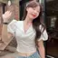 Áo sơ mi nữ tay phồng cổ chữ v kiểu Pháp mùa hè phong cách mới eo hẹp thon gọn hơn Áo sơ mi ngắn