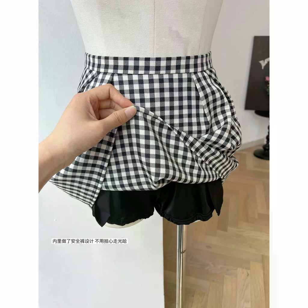 Hàn Quốc Mới Đen Trắng Ca Rô Váy Ngắn Nữ Mùa Hè Đa Năng Hoa Bud Váy Ngắn