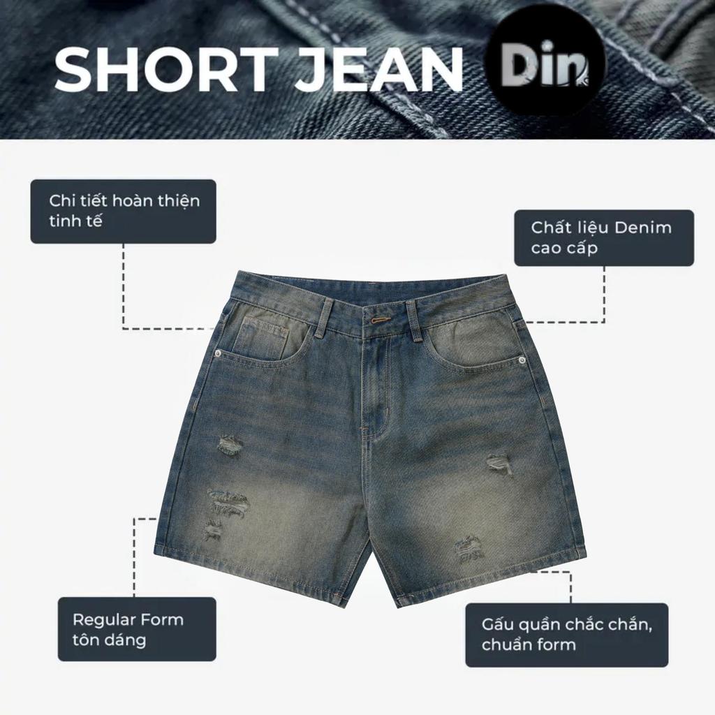Quần Short Jean Nam DIN, Quần Xanh Đậm Vàng Form Trên Gối Rách Nhẹ, Phối Đồ Dễ, Phong Cách Streetwear Năng Động R2212