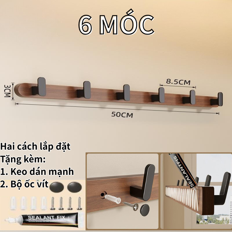 Móc treo đồ dán tường,lắp đặt 2 cách,Bản Móc Rộng,Tải Trọng Cao,chất liệu gỗ óc chó cao cấp