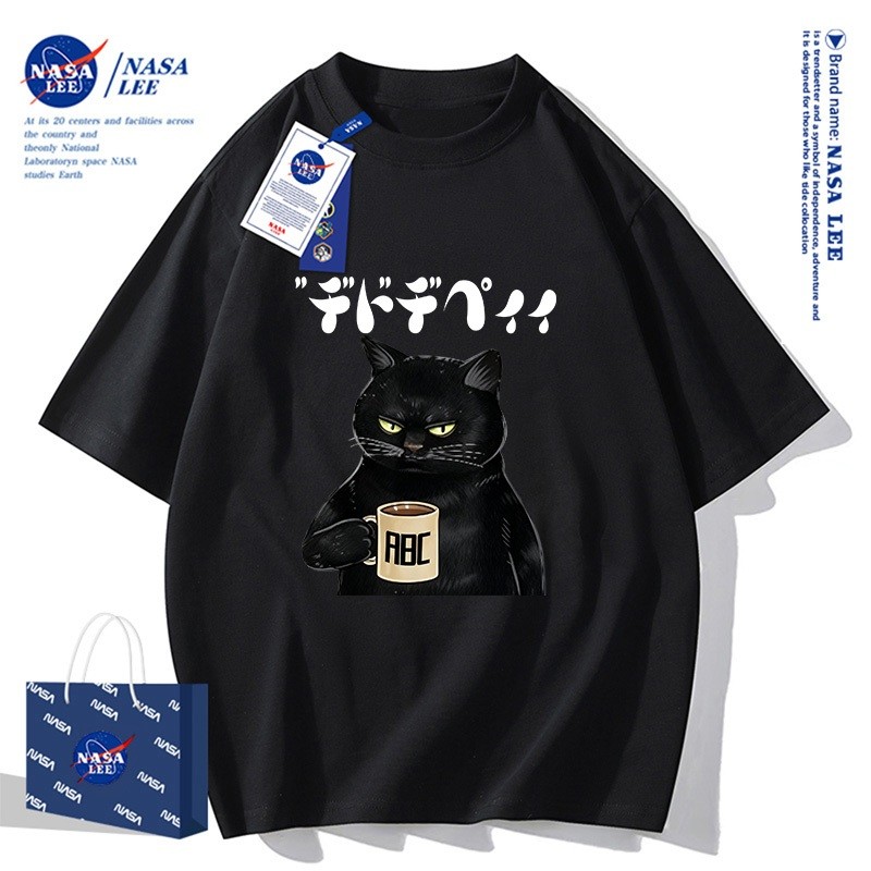 （Giao hàng 24h）Angela Áo Thun Unisex NASA LEE - Mèo Đen 'Cà Phê' Vui Nhộn - Mẫu Mới Hè 2026, Chất Streetwear