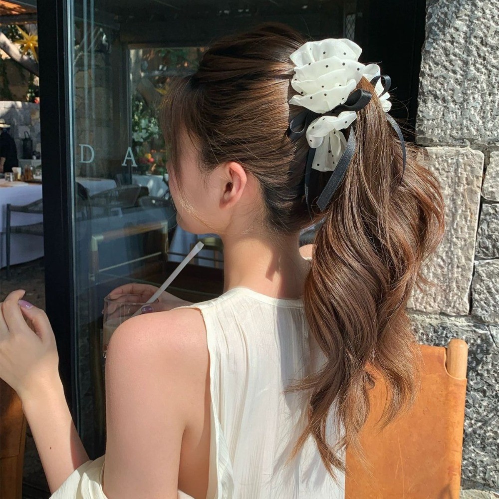 Hululu / Pháp Chấm Bi Trắng Nơ Chuối Kẹp Tóc Cao Cấp Đuôi Ngựa Dọc Kẹp Nửa Tie Tóc Phụ Kiện Tóc