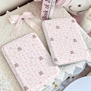 Gương gấp caro hồng gấu, gương trang điểm mini tiện lợi cho nữ
