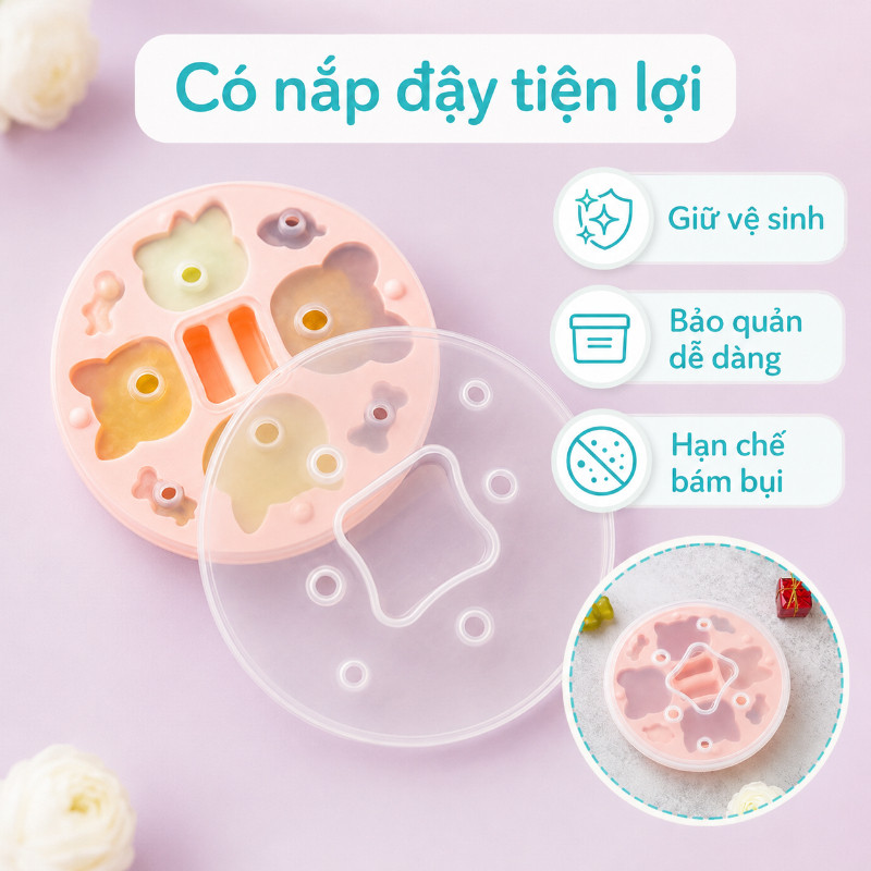 Bộ Khuôn Silicon Hình Dễ Thương - Làm Đậu Hũ & Đồ Ăn Dặm Cho Bé, Có Nắp Đậy Tiện Lợi, Chất Liệu An Toàn Được Kiểm Định