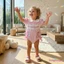 Bộ áo liền quần ngắn tay cổ búp bê sọc thêu ngỗng Bộ đồ liền thân trẻ sơ sinh